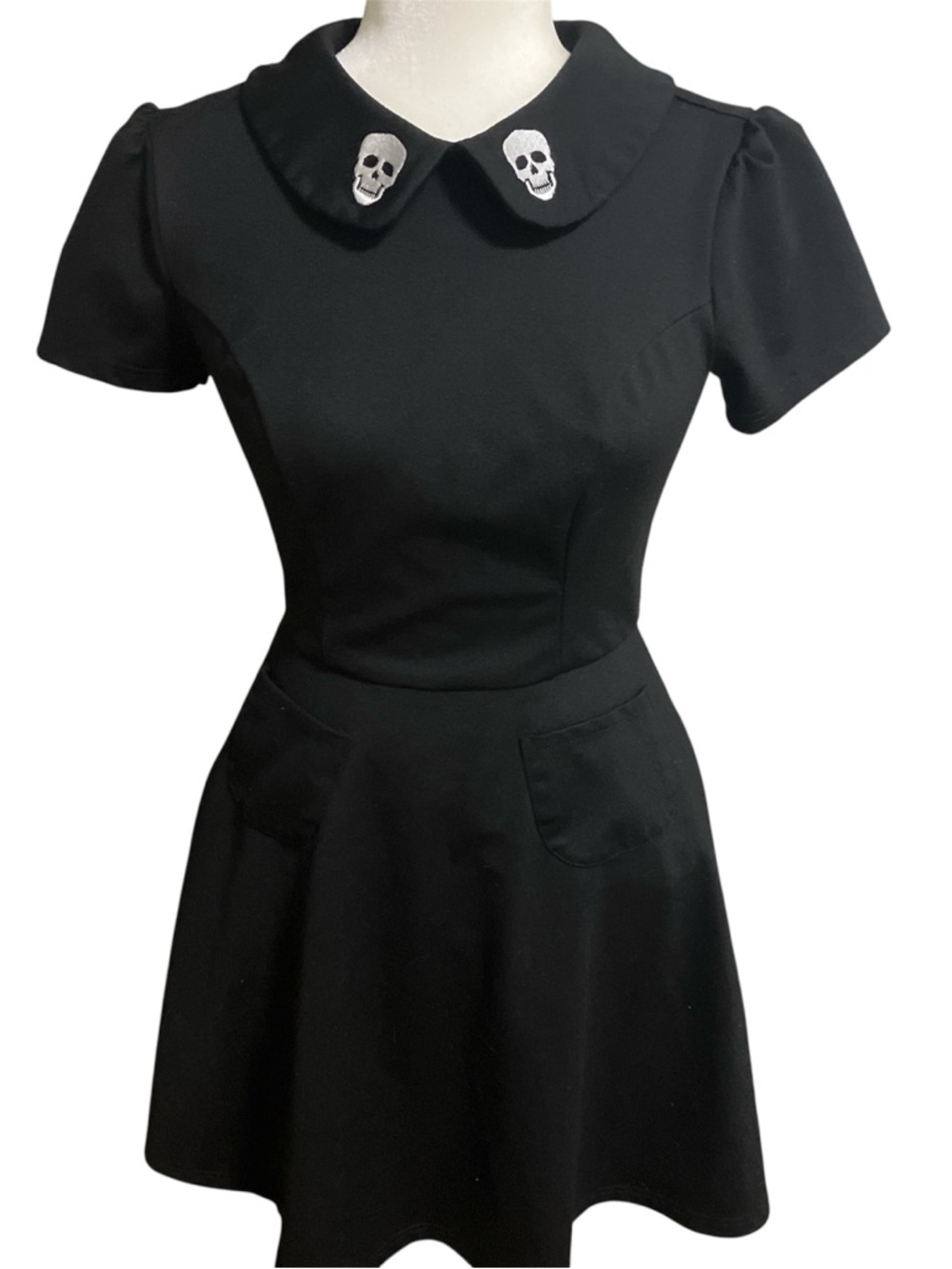 ModCloth Black Dress with skulls on the collar.